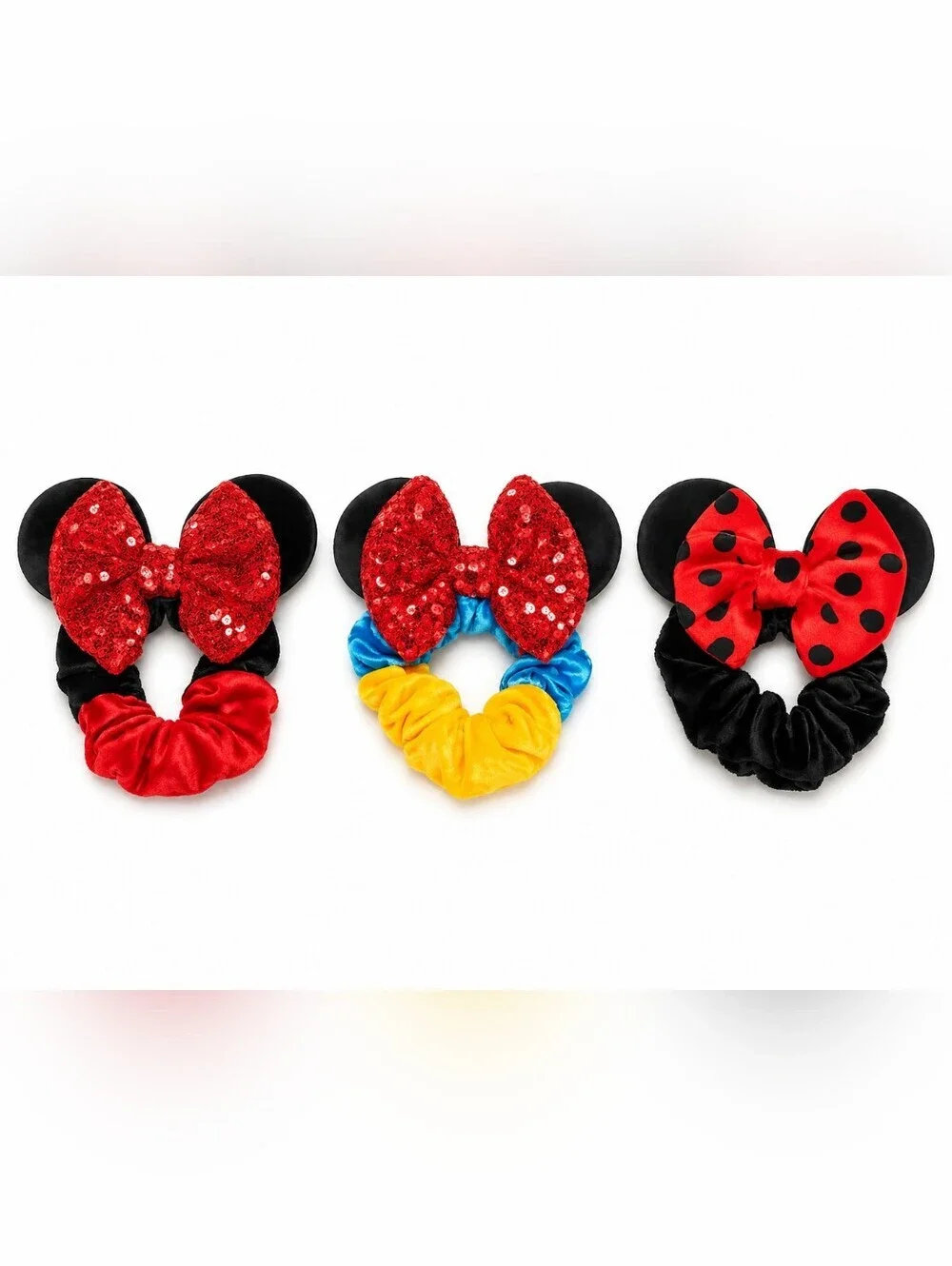 Disney Bundle 3 Minnie Mickey Ears Scrunchies Hair Bow Elastic Stretchy Vacation
